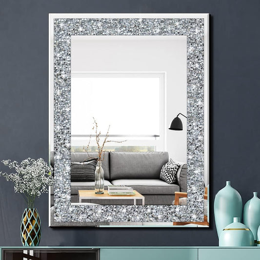 Crystal Crush Diamond Rectangle Silver Mirror for Wall Decoration 24x32inch Wall Hang Frameless Mirror Acrylic Diamond Decor.