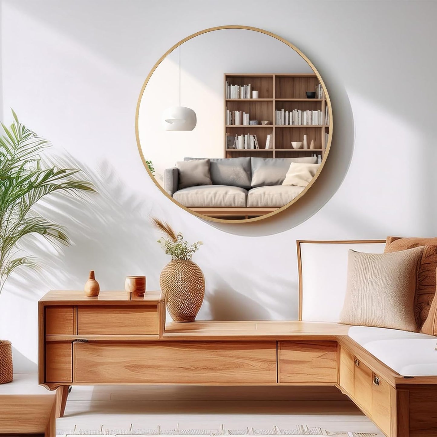 Large Round Gold Mirror 39 Inch, Big Circle Mirror, Wall-Mounted Decoration, Metal Framed Mirror for Living Room Entryway and Bedroom, Easy to Install