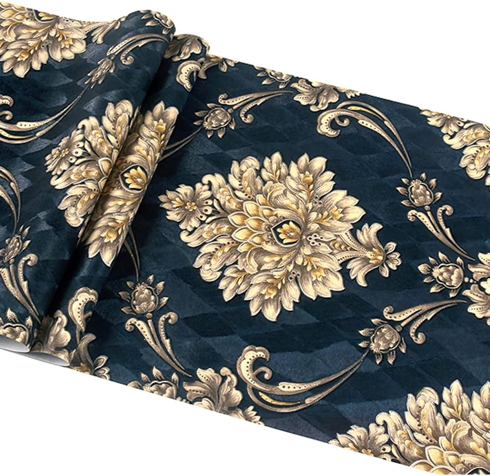 Q QIHANG Non-Pasted European 3D Flowers Damask Wallpaper Luxury for Bedroom Living Room Background Wall Vintage Stripes Home Wall Paper Roll 1.73' W x 32.8' L (Red Matching Style-B)