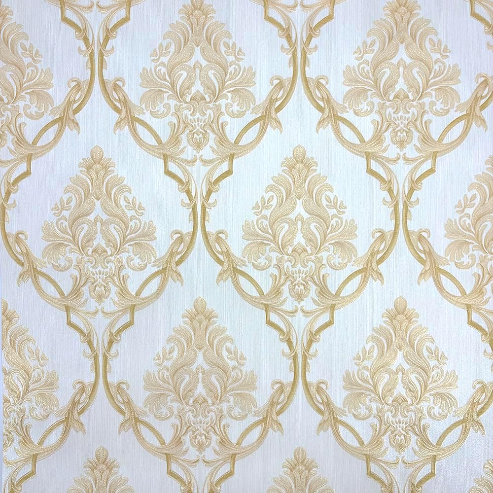 Q QIHANG 1.73' W x 32.8'L 3D Embossed Damask Printing Modern Minimalist European Style Bedroom TV Background Non-Woven Non-Pasted Wallpaper (A Beige)