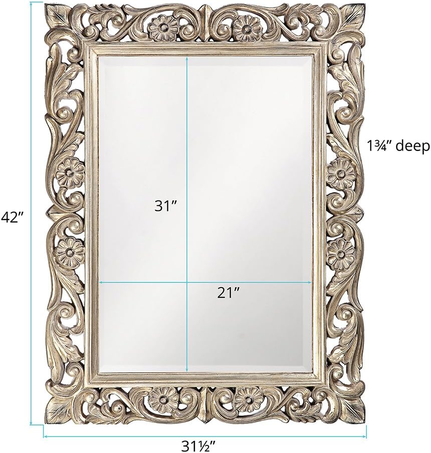 Howard Elliott Chateau Rectangular Hanging Wall Mirror, Scroll Work Frame, Home Decoration Framed Mirrors for Bedroom, Bathroom, Entryway, or Any Room, French Pewter, 31.5 x 42 Inch