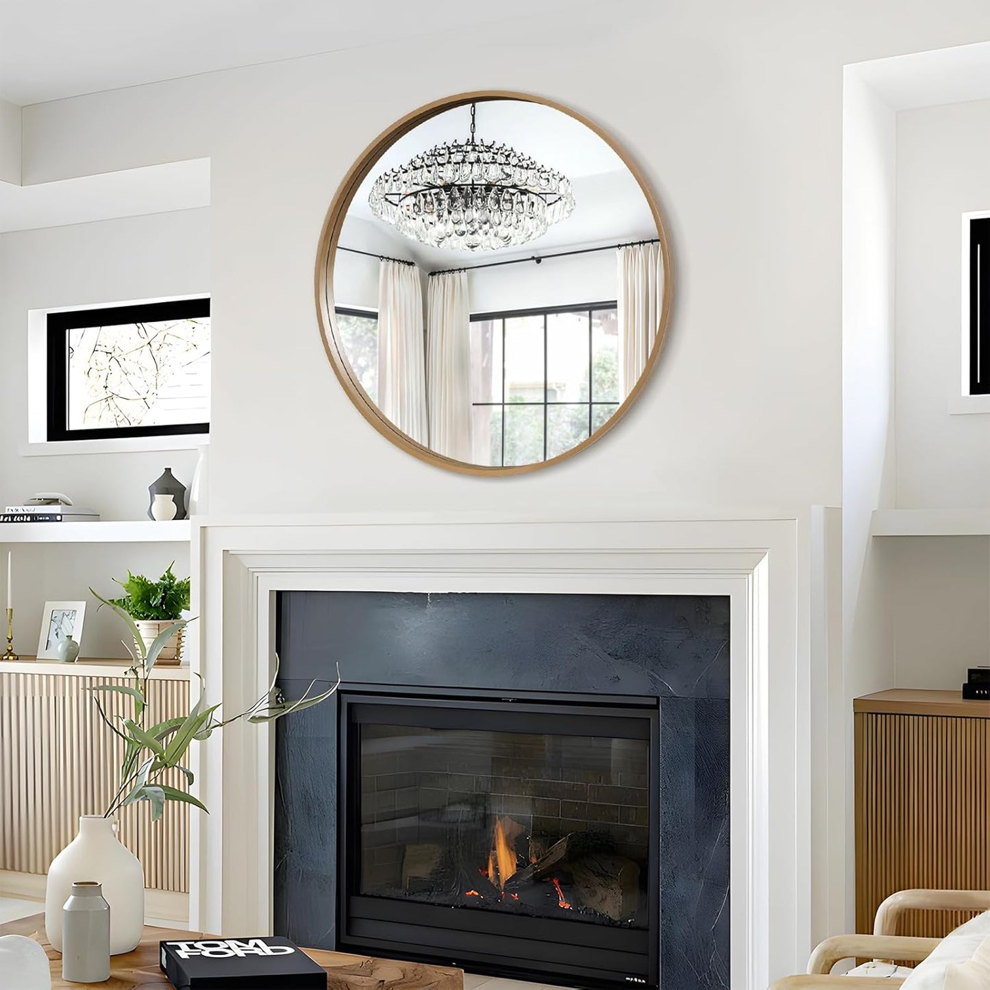 WallBeyond Round Wood Mirror, 32" Round Modern Decoration Large Circle Wall Mirror for Bathroom Living Room Bedroom Entryway, Honey