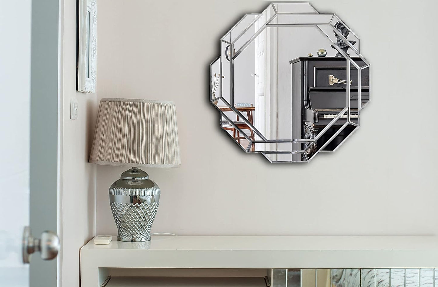 Hlartdecor Helicoid Frameless Beveled Wall Decorating Mirror (31.5X31.5inches). Silver Polished HFY Hexagon Decorative Mirror.