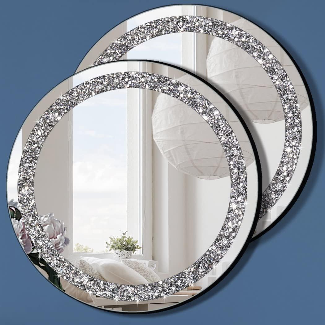 Round Wall Mirror 28x28 inch Crystal Crush Diamond Decor for Home Decoration Silver Mirror.