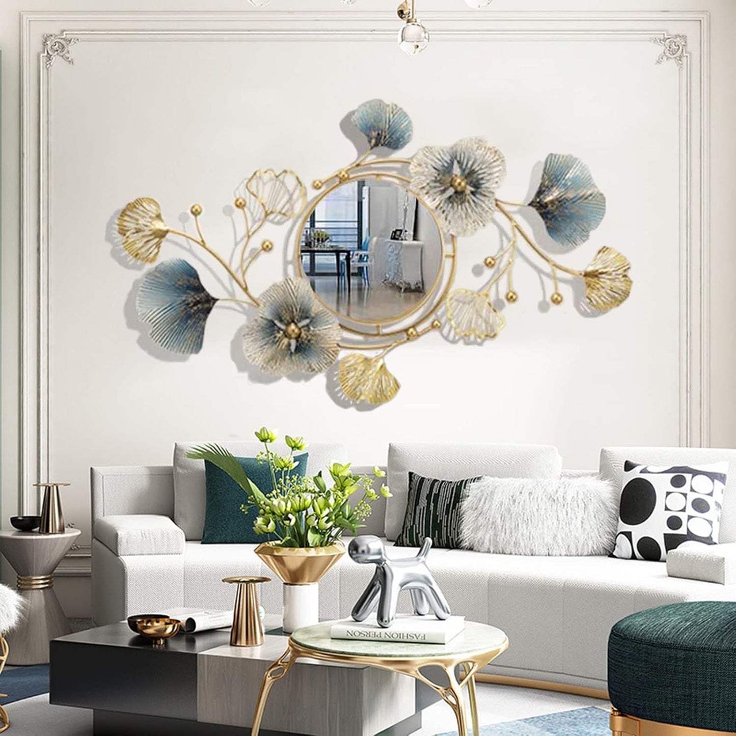 Metal Wall Mirrors Decor for Living Room Ginkgo Leaf Design 47" Big Wall-Mounted Mirrors Large Wall Decor for Entryway Vanity Bedroom Living Room Bathroom