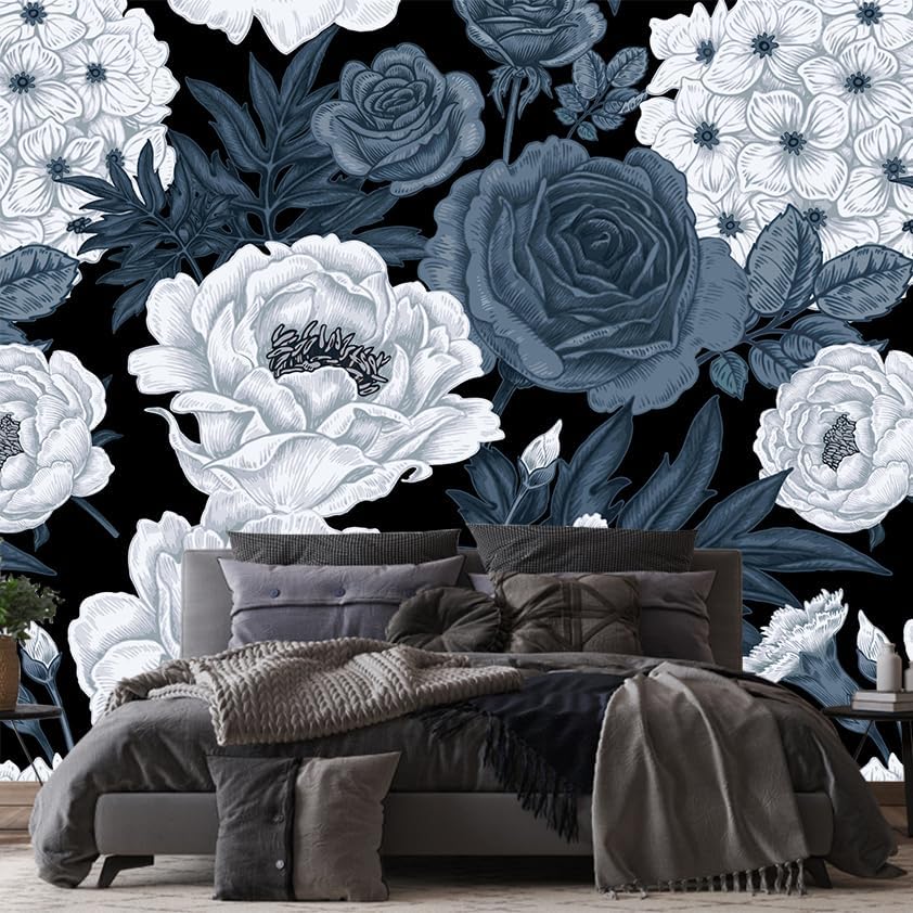 Floral Wallpaper Blue and White Peony Rose Mural Wallpaper for Bedroom Living Room Bathroom Office(Not Peel 'n Stick)