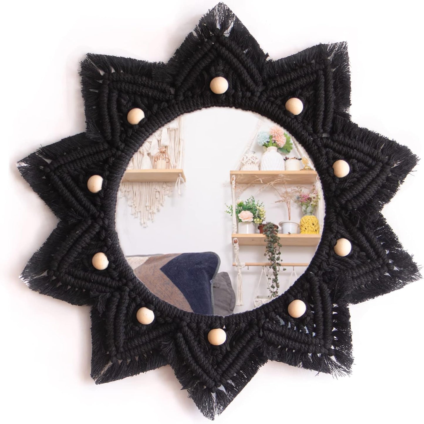 Boho Wall Decor Mirror Macrame Circle Hanging Mirror for Bedroom Living Room Apartment Entryway Home Decor