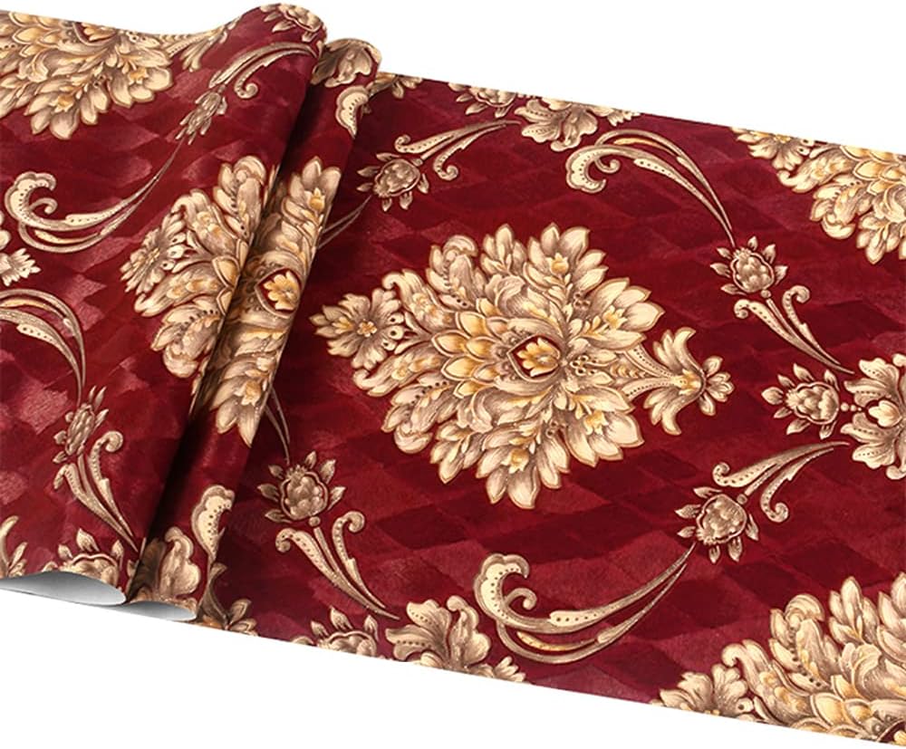 Q QIHANG Non-Pasted European 3D Flowers Damask Wallpaper Luxury for Bedroom Living Room Background Wall Vintage Stripes Home Wall Paper Roll 1.73' W x 32.8' L (Red Matching Style-B)