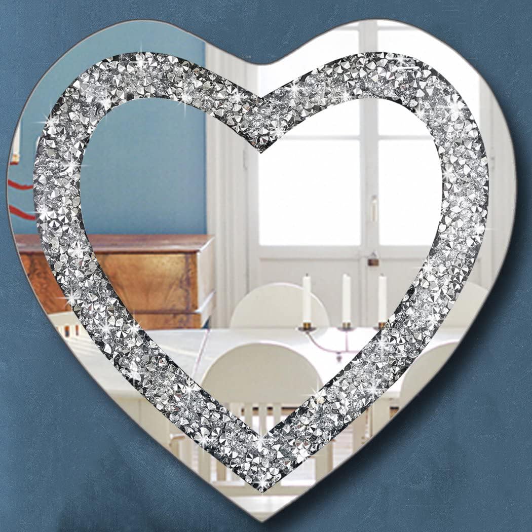 DMDFIRST Heart Shaped Silver Glass Mirror 2 Pack 12x12inch Crystal Crush Diamond Decor Chain Mirror for Wall Decoration
