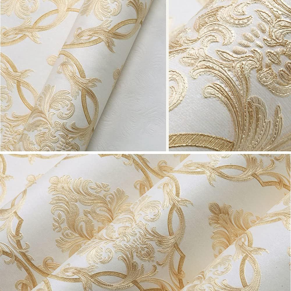 Q QIHANG 1.73' W x 32.8'L 3D Embossed Damask Printing Modern Minimalist European Style Bedroom TV Background Non-Woven Non-Pasted Wallpaper (A Beige)