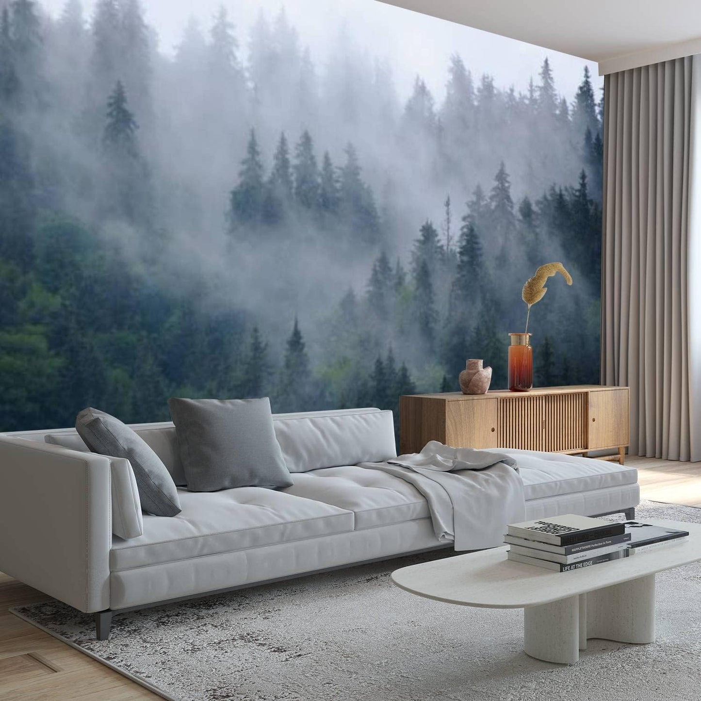 Modern 3D Removable Wallpaper Self-Adhesive Misty Mountain Landscape Wall Murals Peel and Stick Wall Stickers for Living Room Bedroom Wall Decor