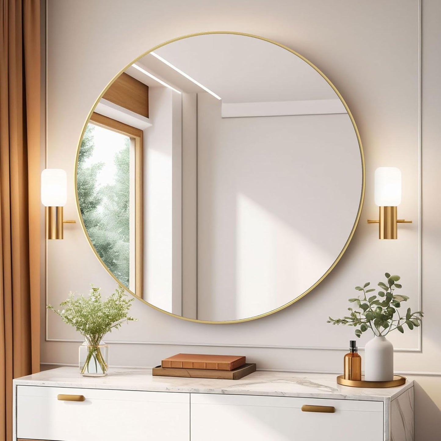 Large Round Gold Mirror 39 Inch, Big Circle Mirror, Wall-Mounted Decoration, Metal Framed Mirror for Living Room Entryway and Bedroom, Easy to Install