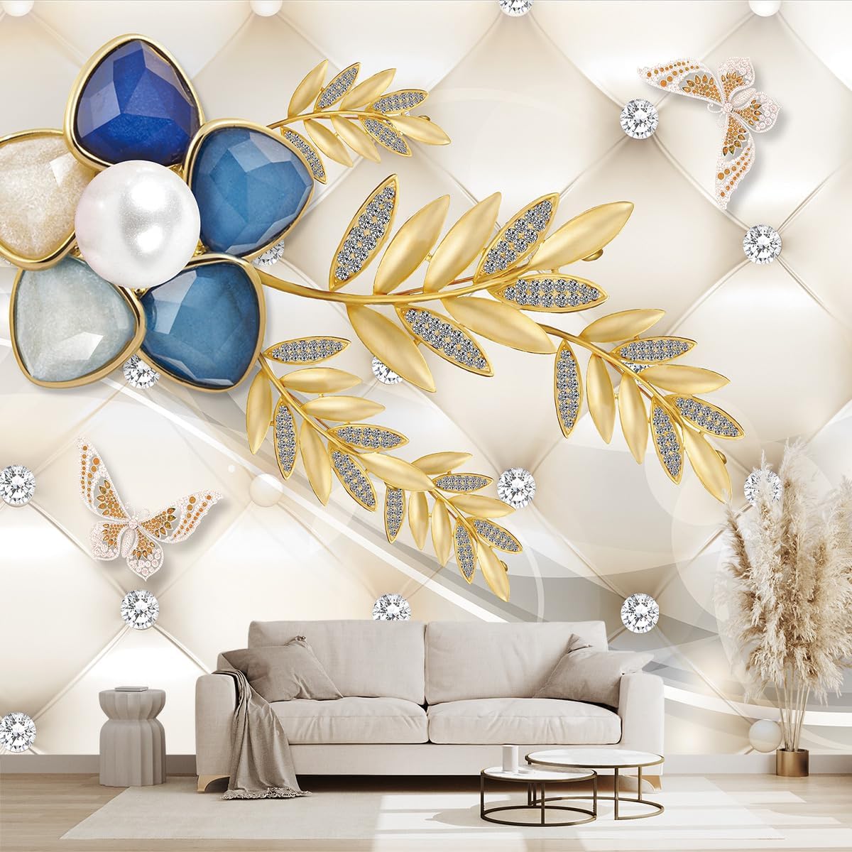 Golden Botanical Leaf wallpeper Living Room Bedroom Wall Mural - 137"x96"（Not Peel and Stick）