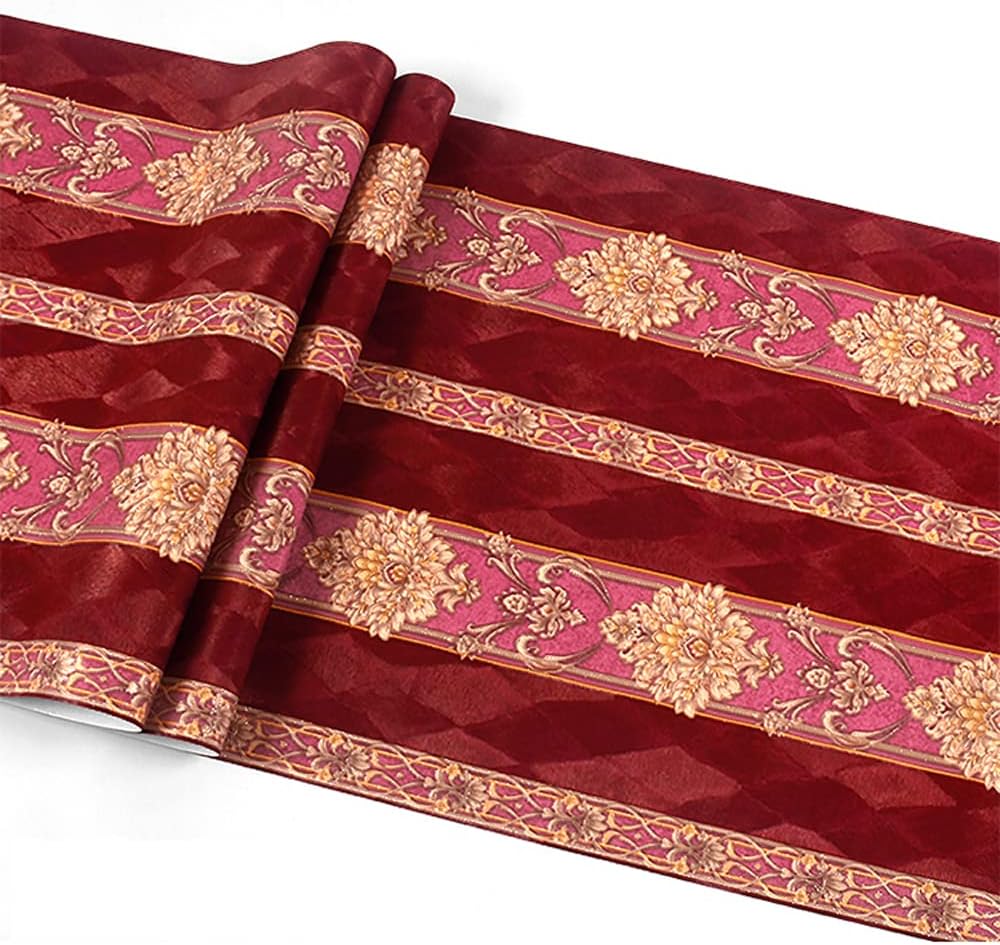 Q QIHANG Non-Pasted European 3D Flowers Damask Wallpaper Luxury for Bedroom Living Room Background Wall Vintage Stripes Home Wall Paper Roll 1.73' W x 32.8' L (Red Matching Style-B)