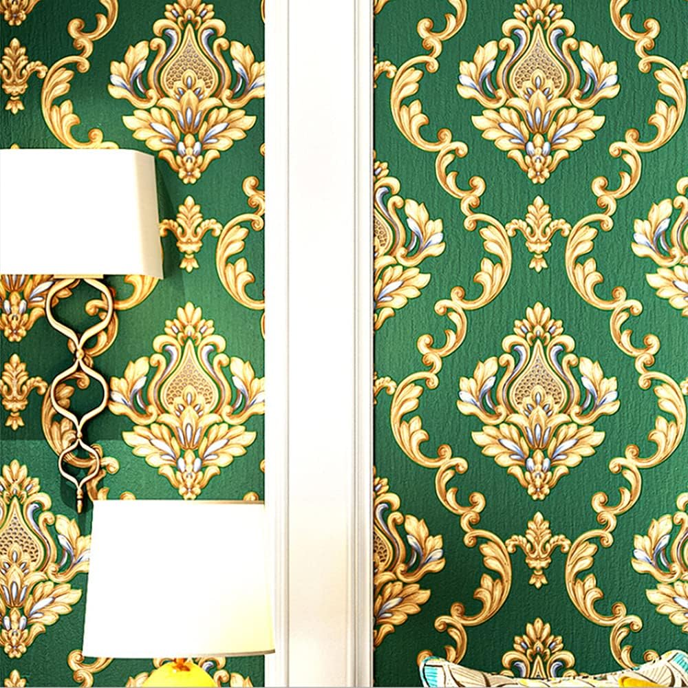 Q QIHANG European Style 3D Damask PVC Wallpaper Living Room Bedroom TV Background Wall 20.87" Wx393.7 L Non-Pasted (Brown)