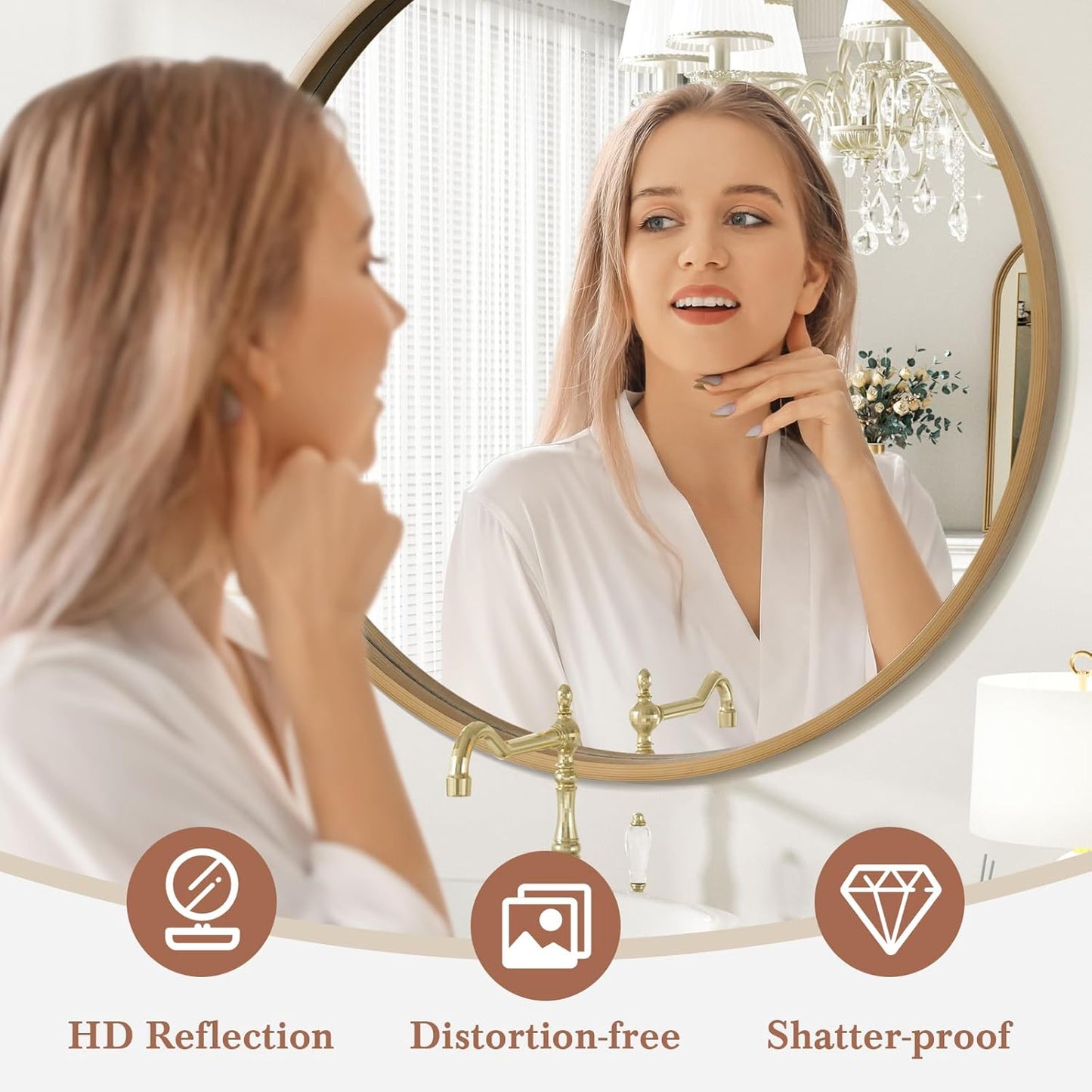 WallBeyond Round Wood Mirror, 32" Round Modern Decoration Large Circle Wall Mirror for Bathroom Living Room Bedroom Entryway, Honey