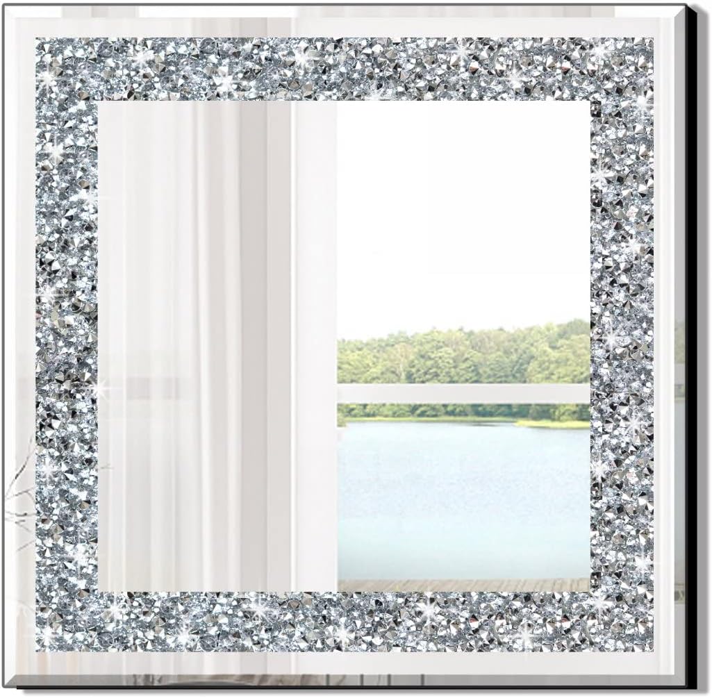 Crystal Crush Diamond Rectangle Silver Mirror for Wall Decoration 24x32inch Wall Hang Frameless Mirror Acrylic Diamond Decor.