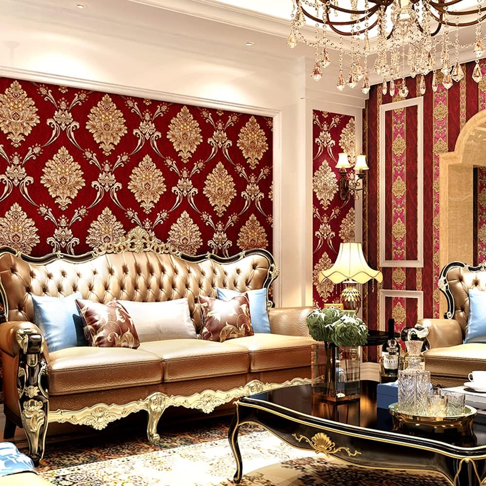 Q QIHANG Non-Pasted European 3D Flowers Damask Wallpaper Luxury for Bedroom Living Room Background Wall Vintage Stripes Home Wall Paper Roll 1.73' W x 32.8' L (Red Matching Style-B)
