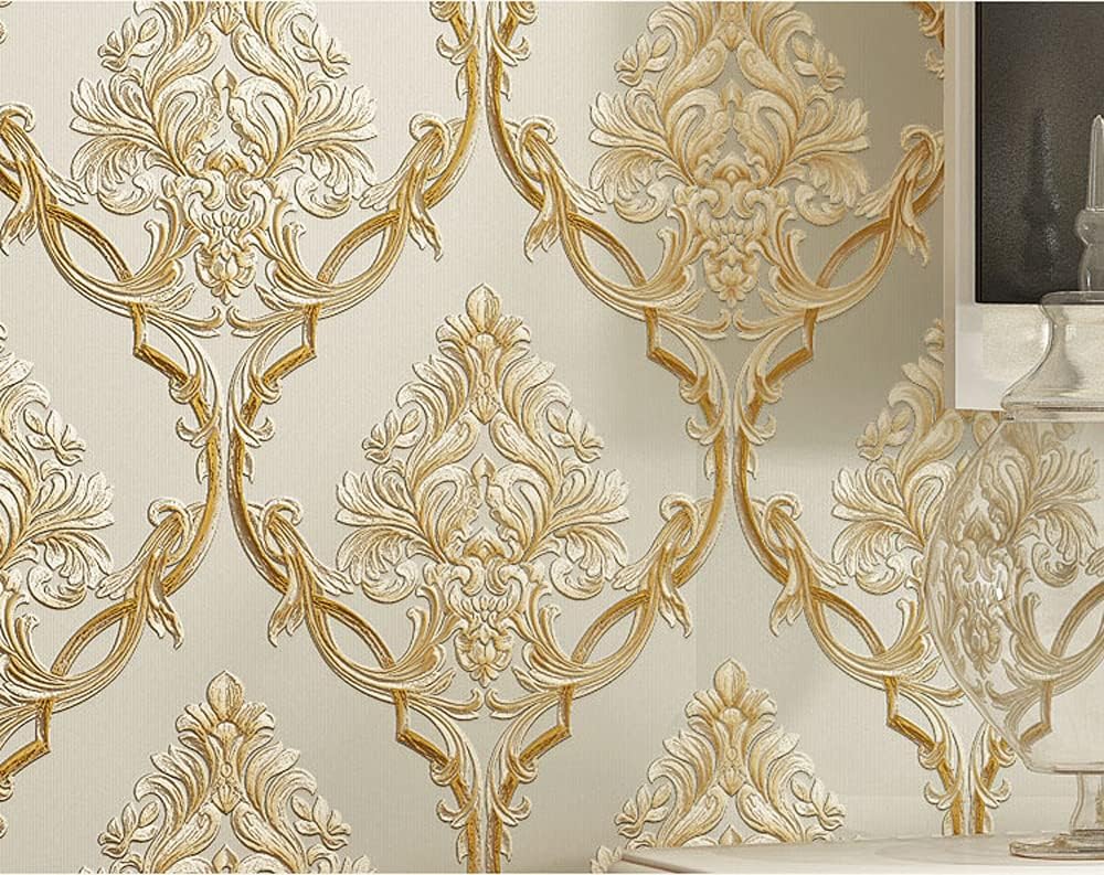 Q QIHANG 1.73' W x 32.8'L 3D Embossed Damask Printing Modern Minimalist European Style Bedroom TV Background Non-Woven Non-Pasted Wallpaper (A Beige)