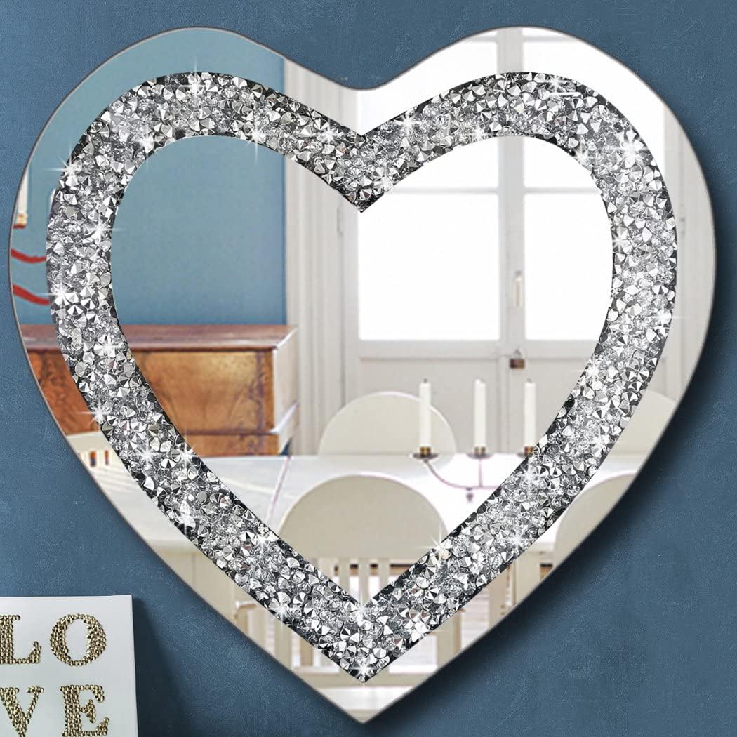 DMDFIRST Heart Shaped Silver Glass Mirror 2 Pack 12x12inch Crystal Crush Diamond Decor Chain Mirror for Wall Decoration