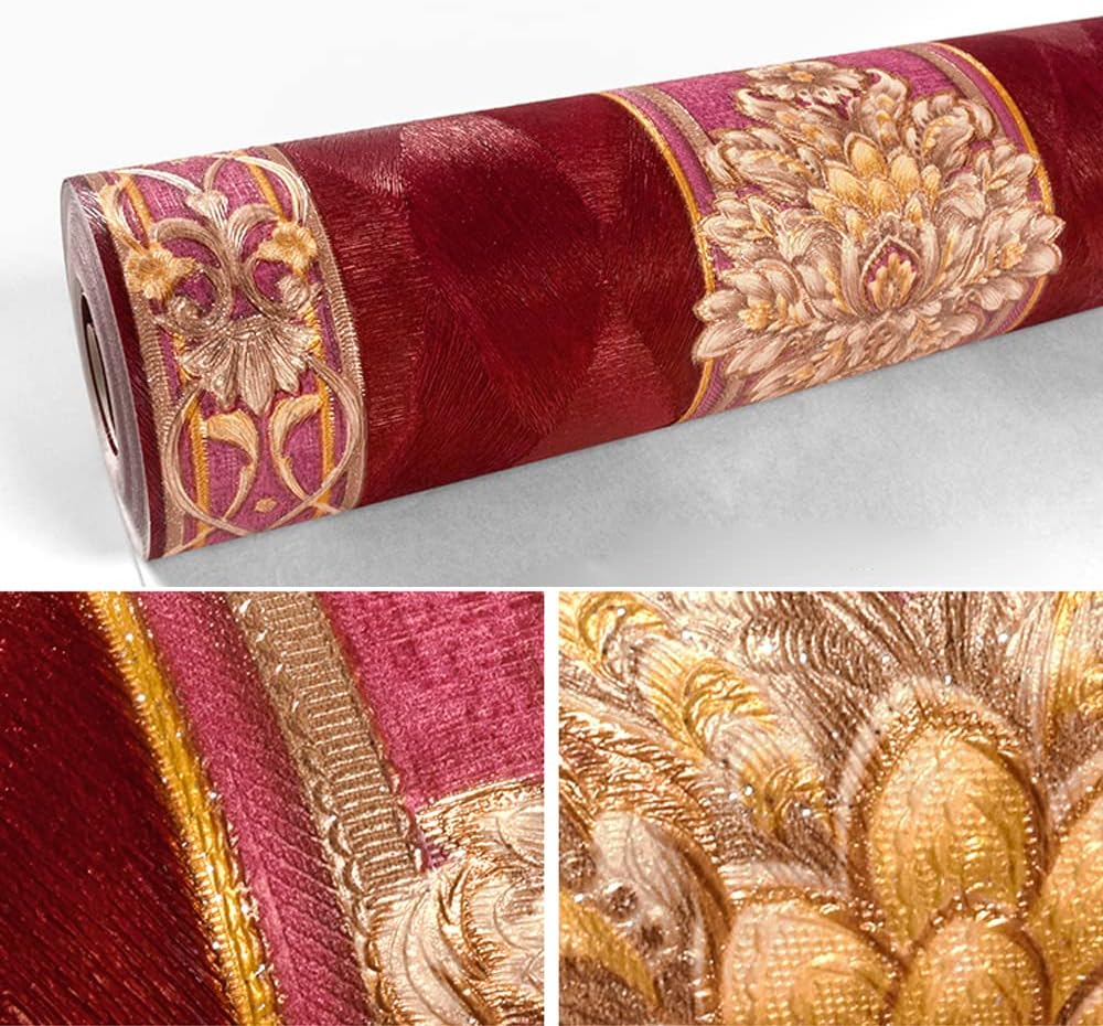 Q QIHANG Non-Pasted European 3D Flowers Damask Wallpaper Luxury for Bedroom Living Room Background Wall Vintage Stripes Home Wall Paper Roll 1.73' W x 32.8' L (Red Matching Style-B)
