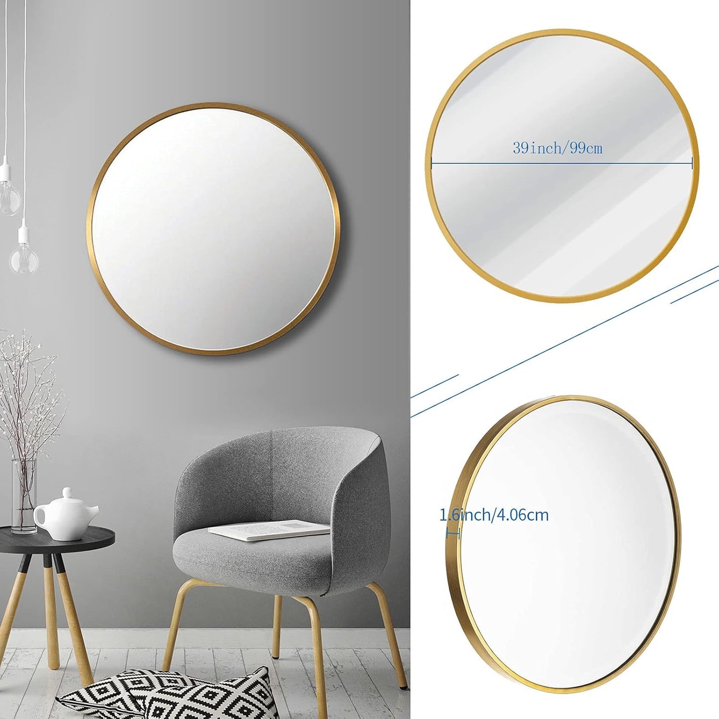 Large Round Gold Mirror 39 Inch, Big Circle Mirror, Wall-Mounted Decoration, Metal Framed Mirror for Living Room Entryway and Bedroom, Easy to Install