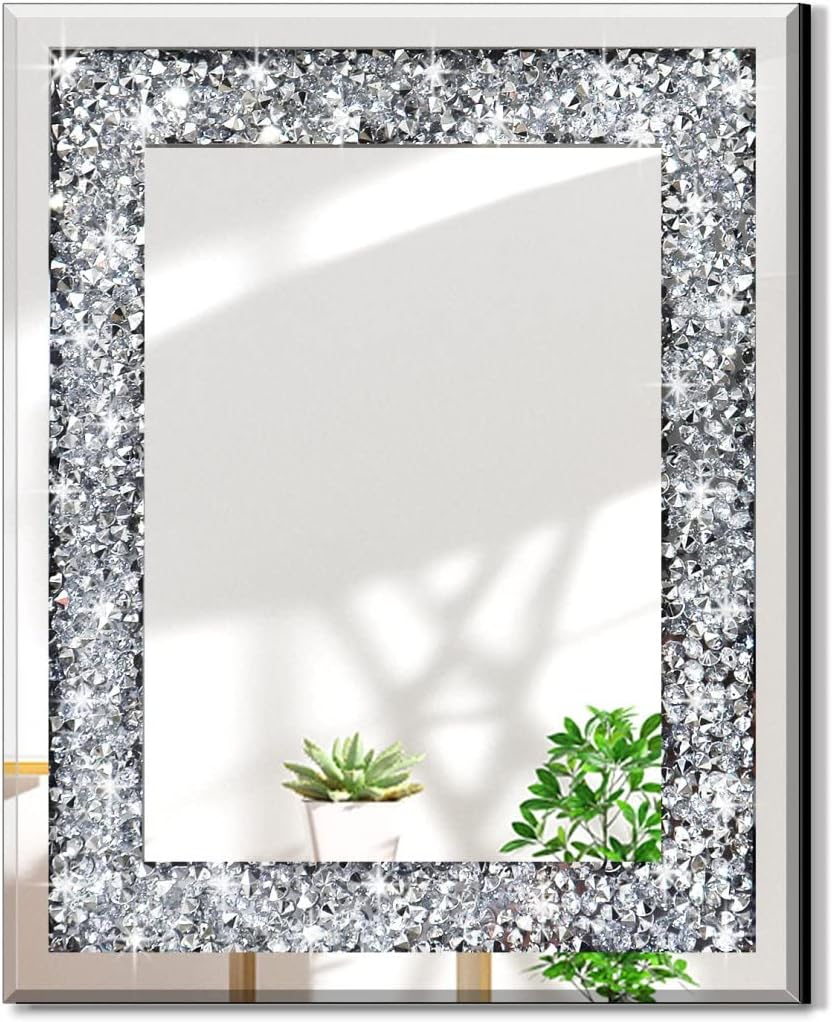 Crystal Crush Diamond Rectangle Silver Mirror for Wall Decoration 24x32inch Wall Hang Frameless Mirror Acrylic Diamond Decor.