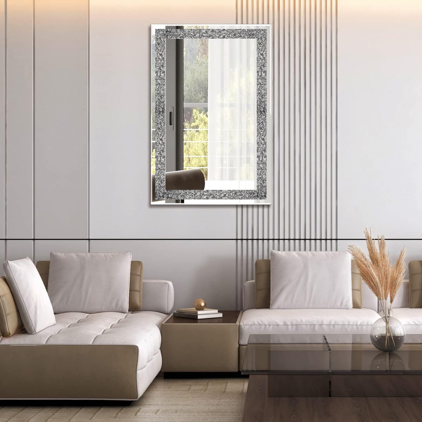 Ruomeng Wall Mirror Rectangular Crystal Crush Diamond Mirror for Home Decoration Accent Mirror for Bathroom, Entryway and Bedroom, 24" x 36"