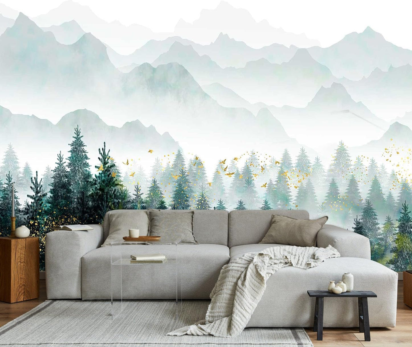 Hazy Forest Wall Mural, Abstract Nature Landscape Wallpaper, Background Wall Decoration Patterns（Non-self-Adhesive）