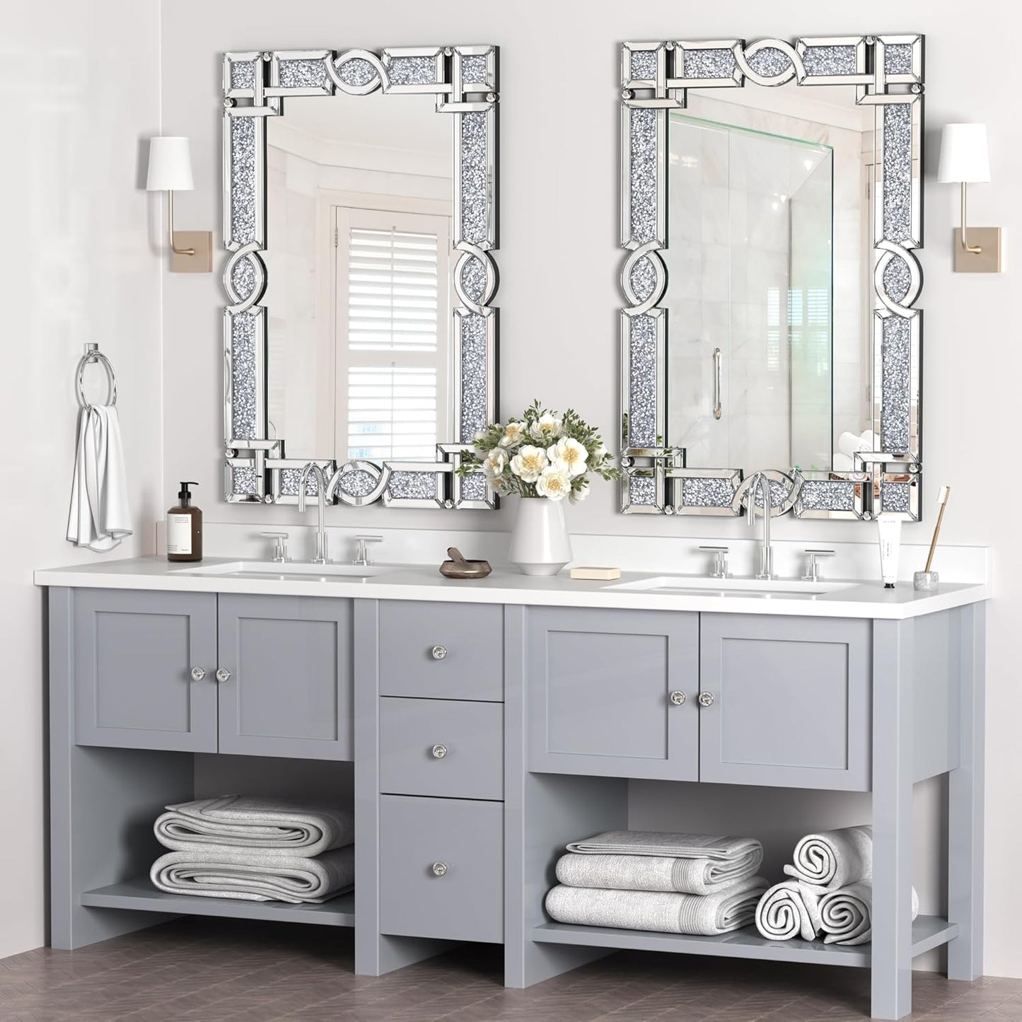 ENENE Crystal Crush Diamond Wall Mirror 46.5''x30.5'' Rectangle Silver Mirrors for Wall Decorative Large Wall Mirrors for Living Room Bathroom Bedroom Entryway