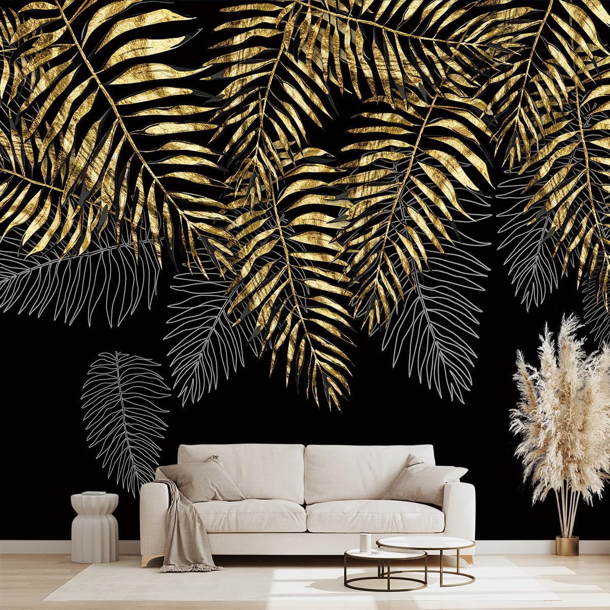 Golden Botanical Leaf wallpeper Living Room Bedroom Wall Mural - 137"x96"（Not Peel and Stick）