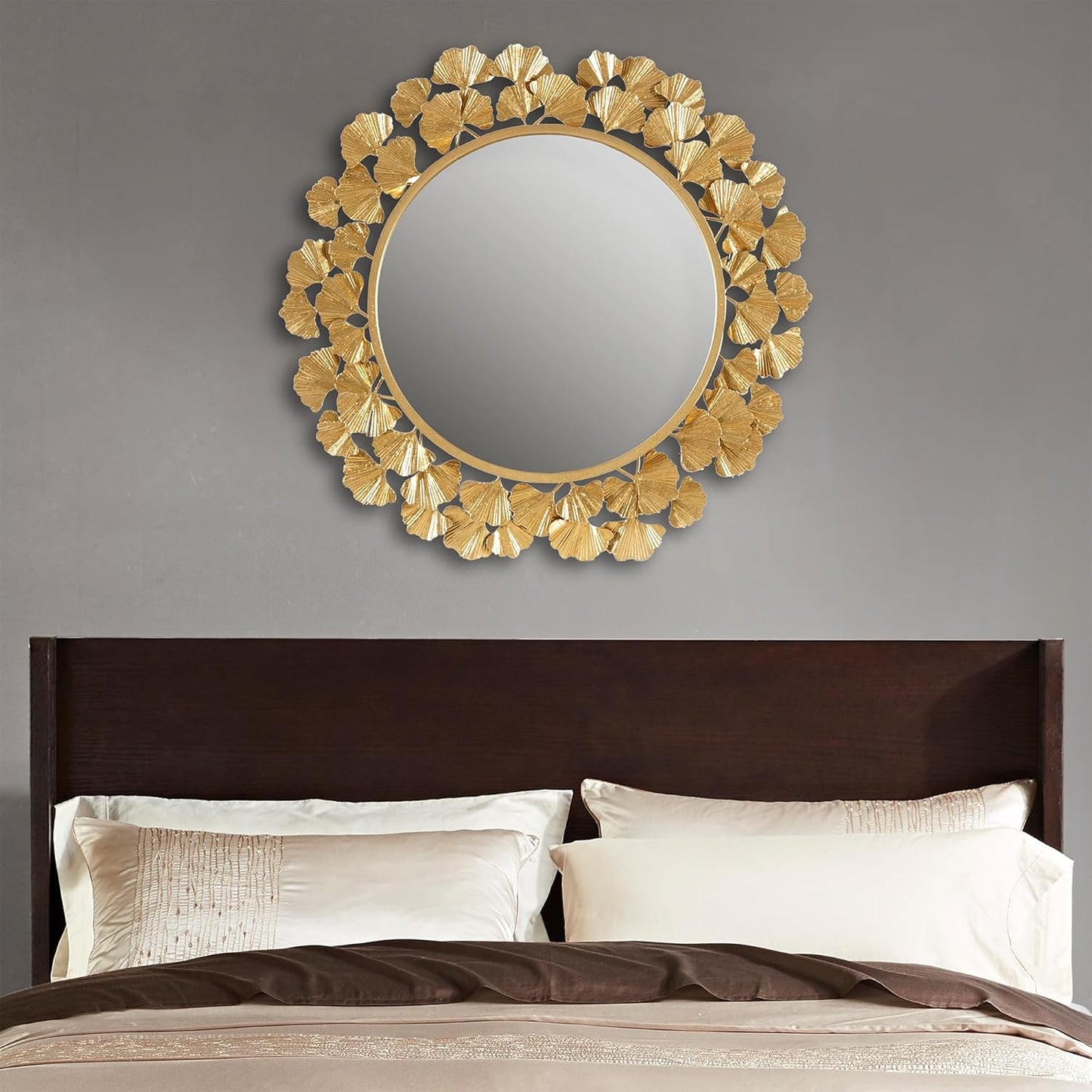 Martha Stewart Wall Décor Large Gingko Leaf Round Wall Mirror for Living Room, Iron Metal Plate Frame Antique Finish, Ready to Hang Bedroom Decoration, Eden, 30.5", Gold