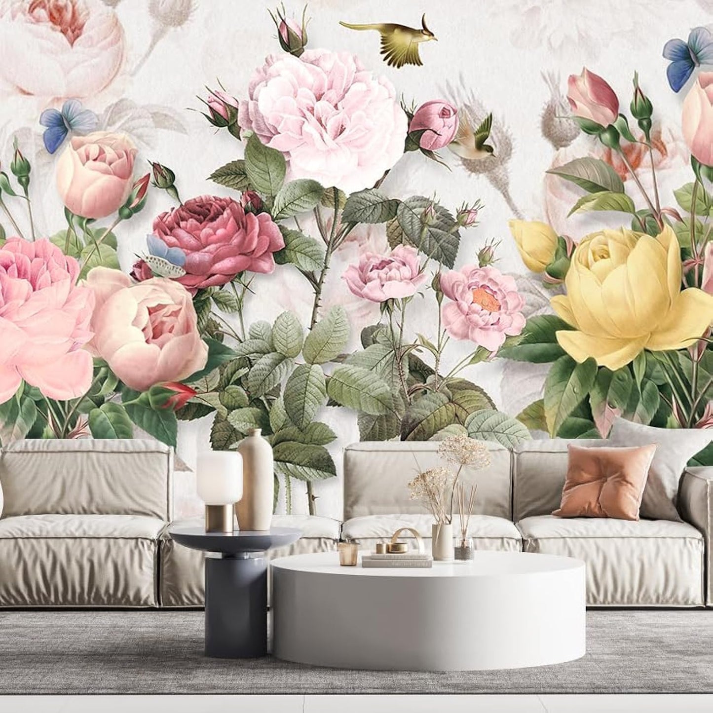 Floral Wallpaper Blue and White Peony Rose Mural Wallpaper for Bedroom Living Room Bathroom Office(Not Peel 'n Stick)