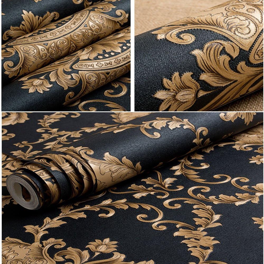 QIHANG European Classic Black Damask Stereo Deep Embossed Wallpaper Roll for Living Room Hotel Tv Backdrop 0.53m x 10m=5.3m2