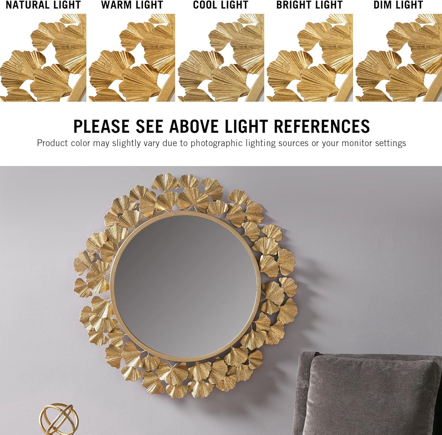 Martha Stewart Wall Décor Large Gingko Leaf Round Wall Mirror for Living Room, Iron Metal Plate Frame Antique Finish, Ready to Hang Bedroom Decoration, Eden, 30.5", Gold