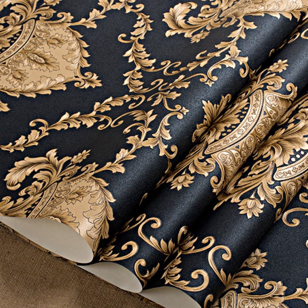 QIHANG European Classic Black Damask Stereo Deep Embossed Wallpaper Roll for Living Room Hotel Tv Backdrop 0.53m x 10m=5.3m2