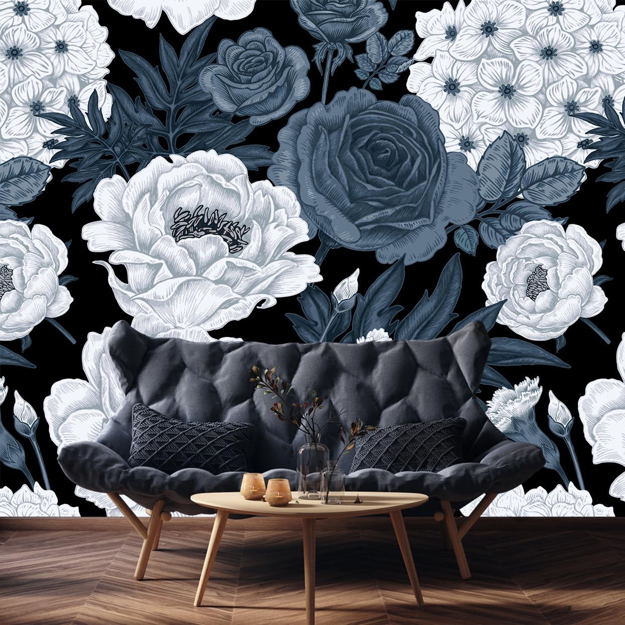 Floral Wallpaper Blue and White Peony Rose Mural Wallpaper for Bedroom Living Room Bathroom Office(Not Peel 'n Stick)