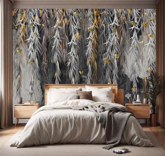 -Dark Leaf Backdrop Large Fabric Wallpaper Butterfly Branches Bedroom Bathroom Wall Mural- 91"x65"（ not Peel and Stick）