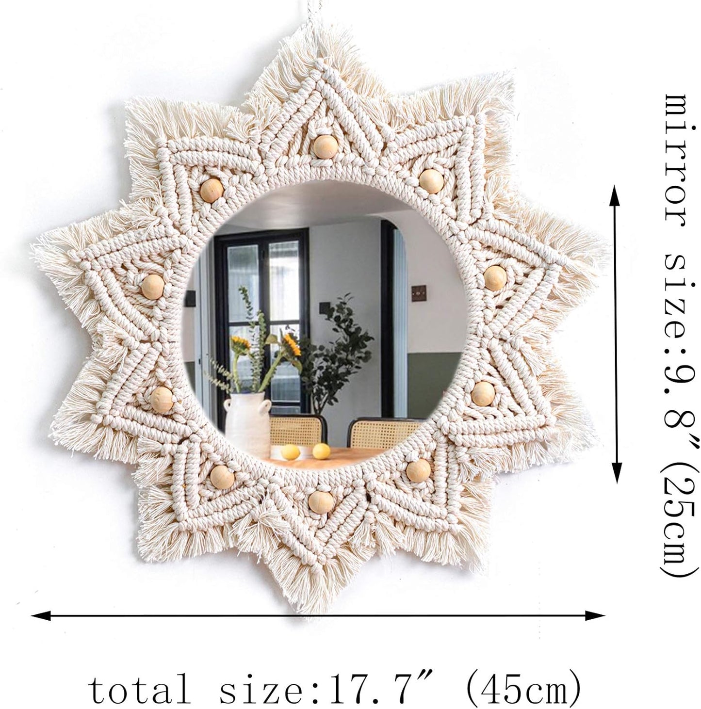 Boho Wall Decor Mirror Macrame Circle Hanging Mirror for Bedroom Living Room Apartment Entryway Home Decor