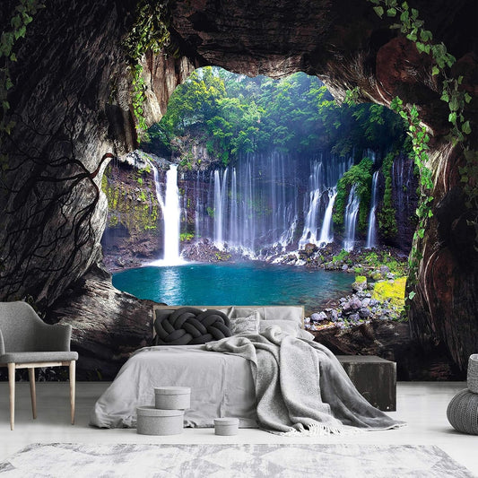 3D Cave Waterfall Natural Landscape Wallpaper for Bedroom (Not Peel and Stick)
