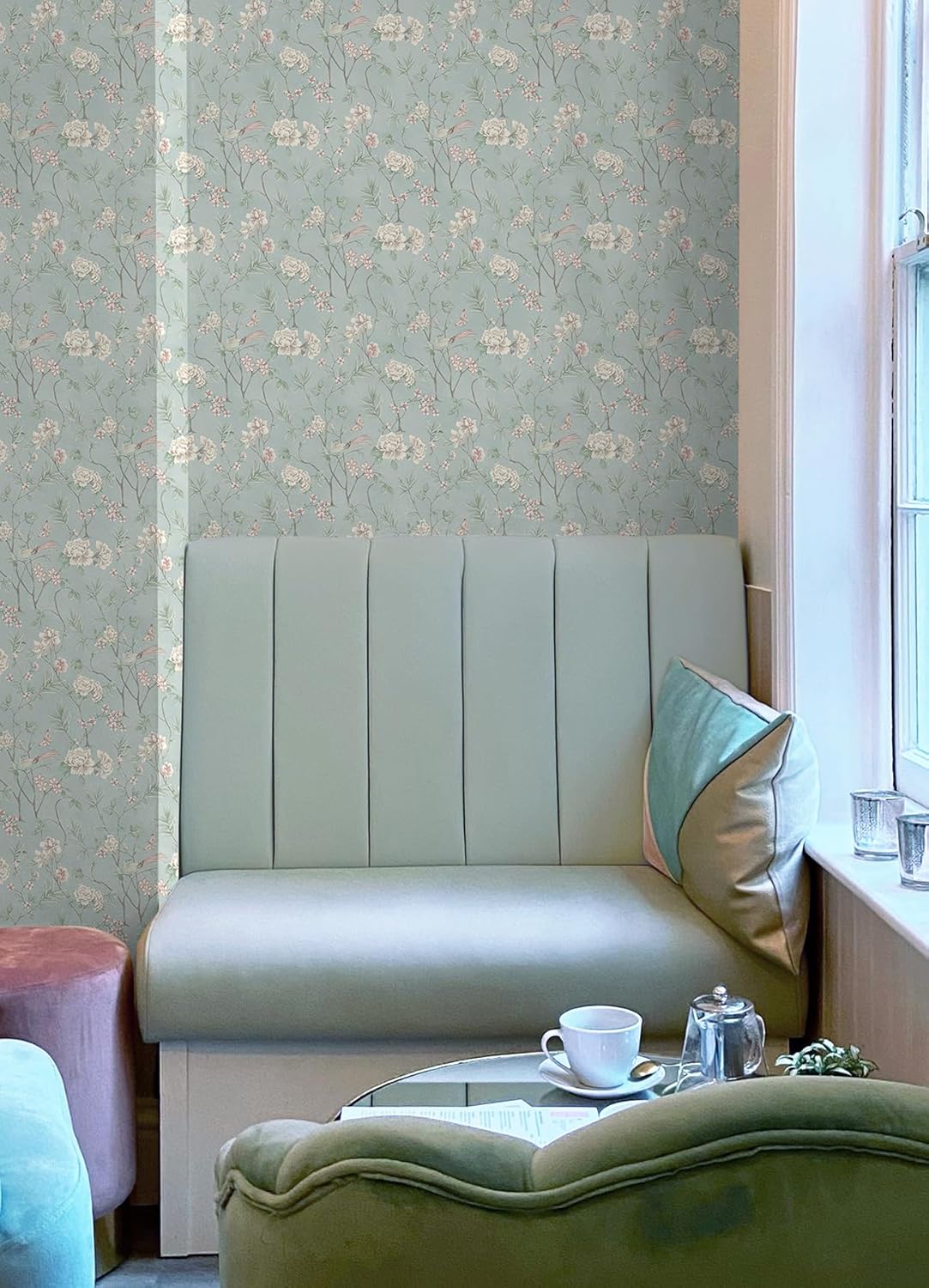 NuWallpaper Chinoiserie Garden Robins Egg Peel and Stick Wallpaper, NUS6364