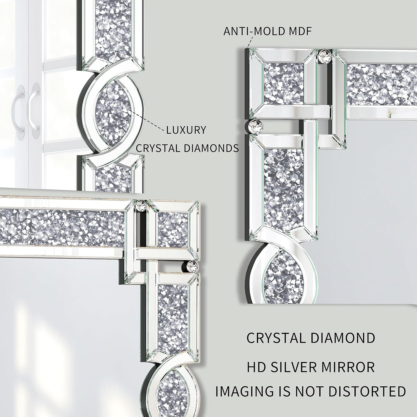 ENENE Crystal Crush Diamond Wall Mirror 46.5''x30.5'' Rectangle Silver Mirrors for Wall Decorative Large Wall Mirrors for Living Room Bathroom Bedroom Entryway
