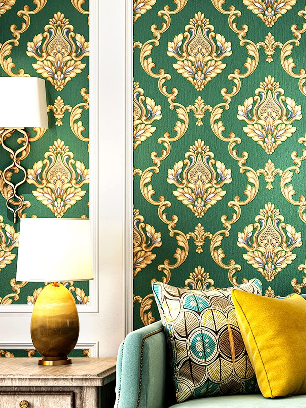 Q QIHANG European Style 3D Damask PVC Wallpaper Living Room Bedroom TV Background Wall 20.87" Wx393.7 L Non-Pasted (Brown)