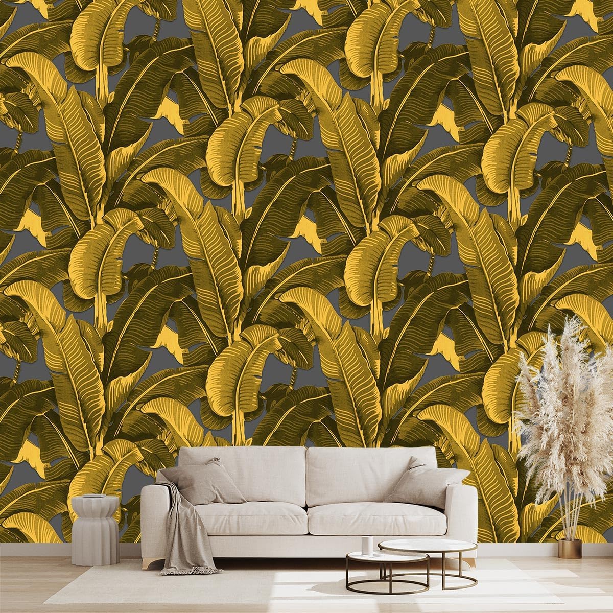 Golden Botanical Leaf wallpeper Living Room Bedroom Wall Mural - 137"x96"（Not Peel and Stick）