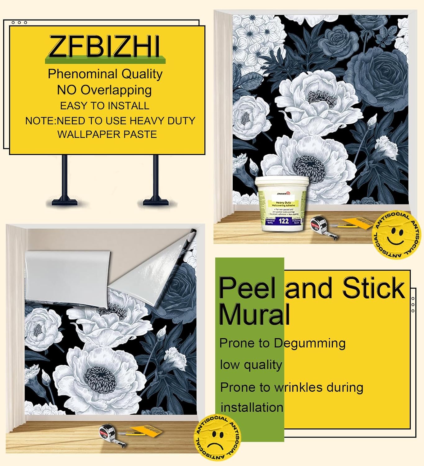 Floral Wallpaper Blue and White Peony Rose Mural Wallpaper for Bedroom Living Room Bathroom Office(Not Peel 'n Stick)