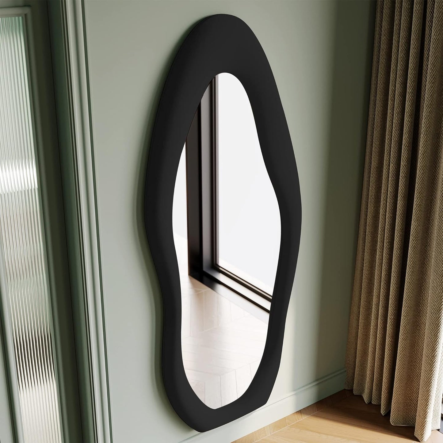 Honyee Full Length Mirror, 63" x 24" Wall Mirror, Flannel Wrapped Wooden Frame Floor Mirror, Irregular Wavy Mirror Hanging or Leaning Against Wall for Cloakroom/Bedroom/Living Room, Black