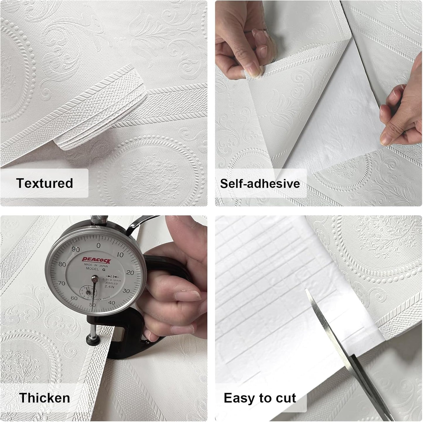 Wallpaper Peel and Stick Textured,3D Embossed Wall Paper Stick on Wallpaper Modern Waterproof Self Adhesive Contact Paper(17.3" x 400",White)