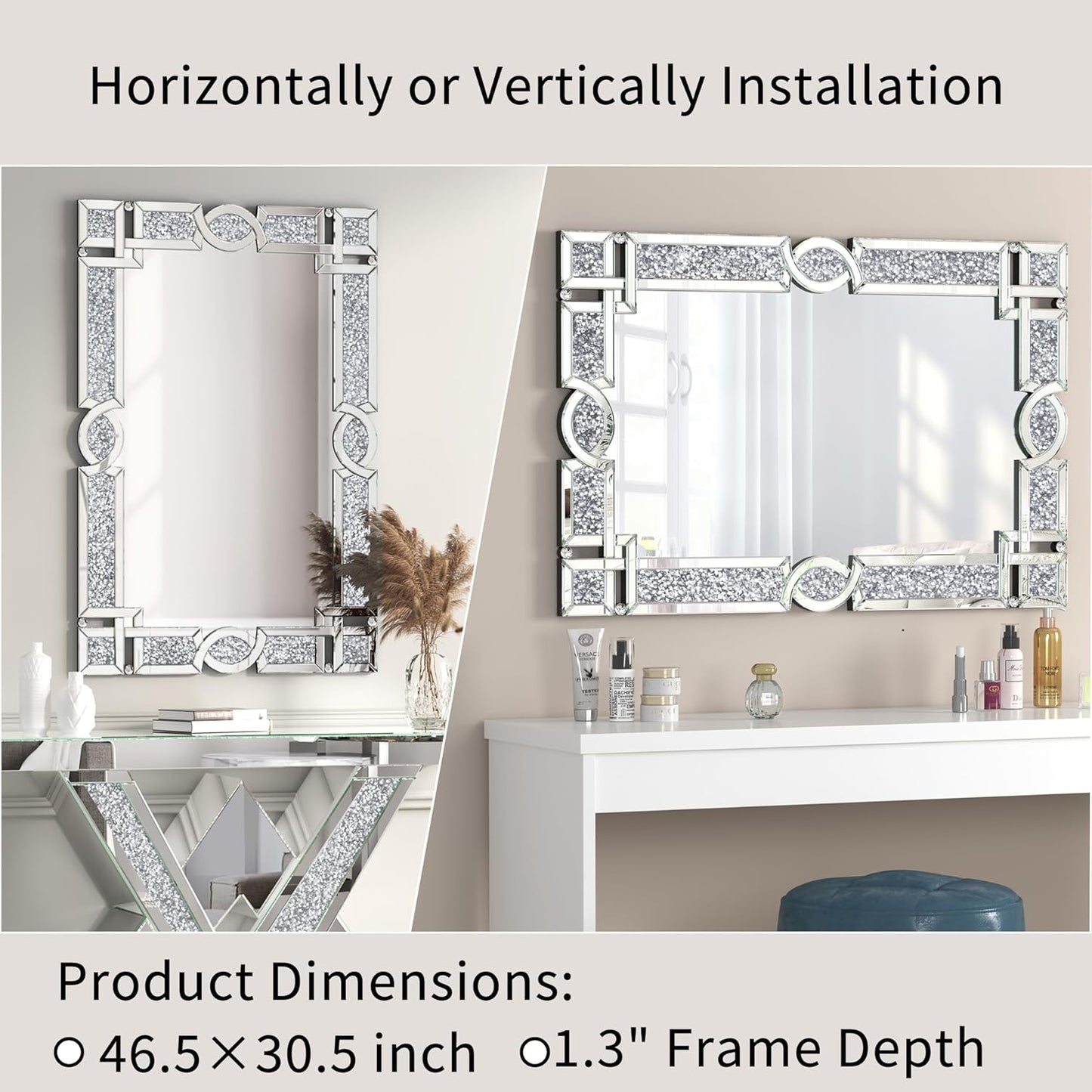 ENENE Crystal Crush Diamond Wall Mirror 46.5''x30.5'' Rectangle Silver Mirrors for Wall Decorative Large Wall Mirrors for Living Room Bathroom Bedroom Entryway