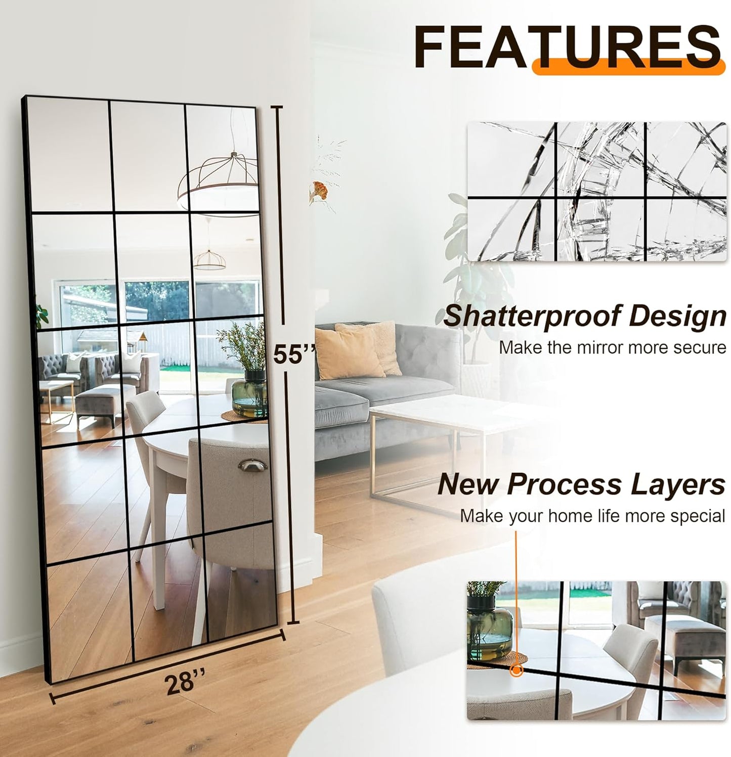 Large Full Length Floor Mirror for Bedroom, Living Room, Hallway - 28"X55" Window Pane Mirror Decorative Wall Art