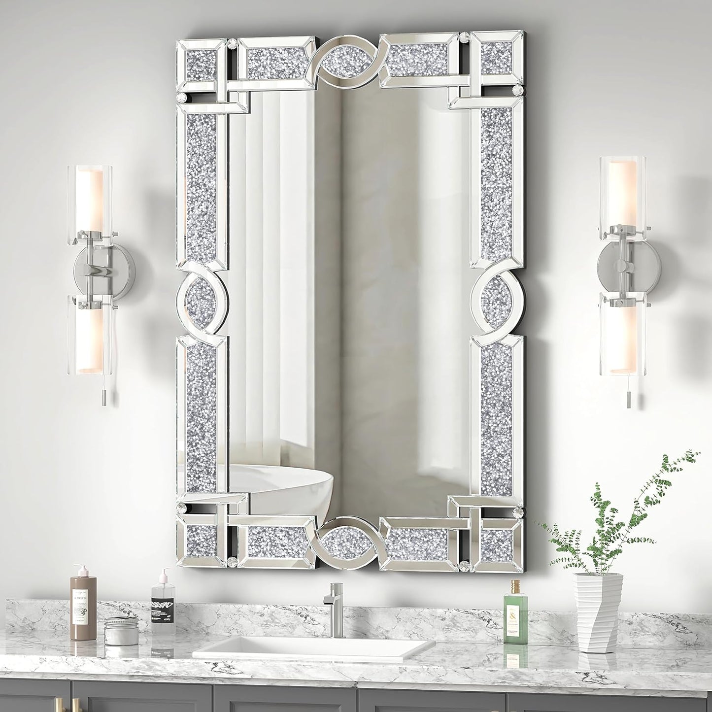 ENENE Crystal Crush Diamond Wall Mirror 46.5''x30.5'' Rectangle Silver Mirrors for Wall Decorative Large Wall Mirrors for Living Room Bathroom Bedroom Entryway